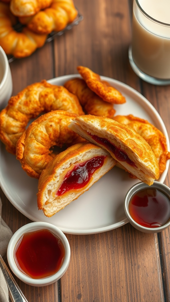 Crispy air fryer uncrustables with peanut butter and jelly filling on a plate, accompanied by jelly and a glass of milk.